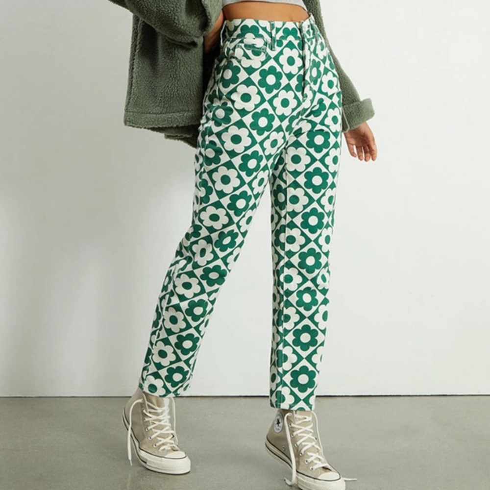 PacSun Green & White Daisy High Waisted Straight Leg Jeans